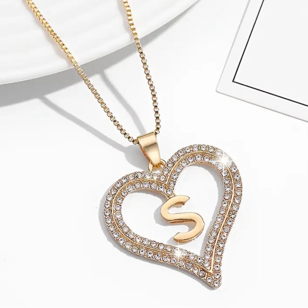 Gold Heart Pendant Necklace with Crystal Accent and 'S' Initial